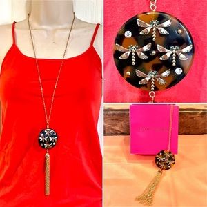 NWT- Betsey Johnson-Long Pendant Necklace-Bejeweled Fireflies & GoldChain Tassel